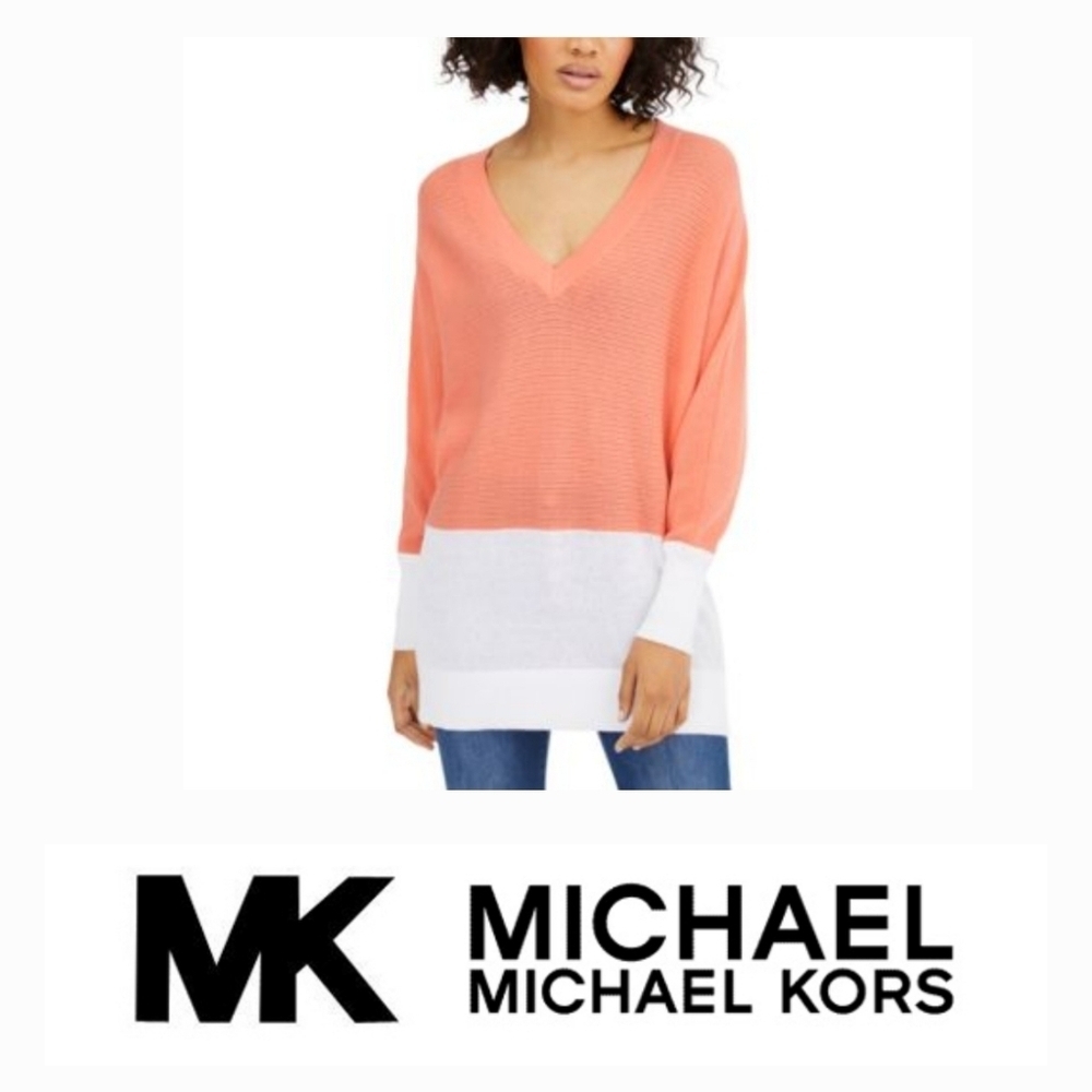 NEW Michael Kors Coral White Colorblock Dolman Sleeve Sweater Medium
